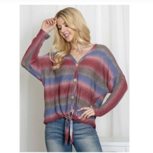 V-NECK COLOR BLOCK TOP/SWEATER-LIGHTWEIGHT-NEW - Picture 3 of 5